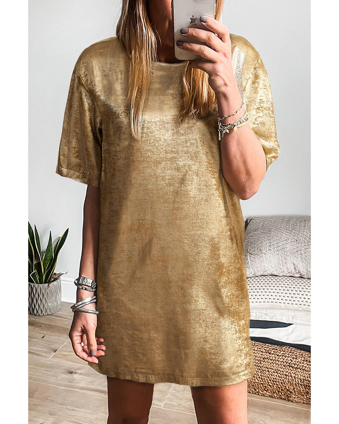 Gold Metallic Luster Crewneck Mini T-Shirt Dress - L