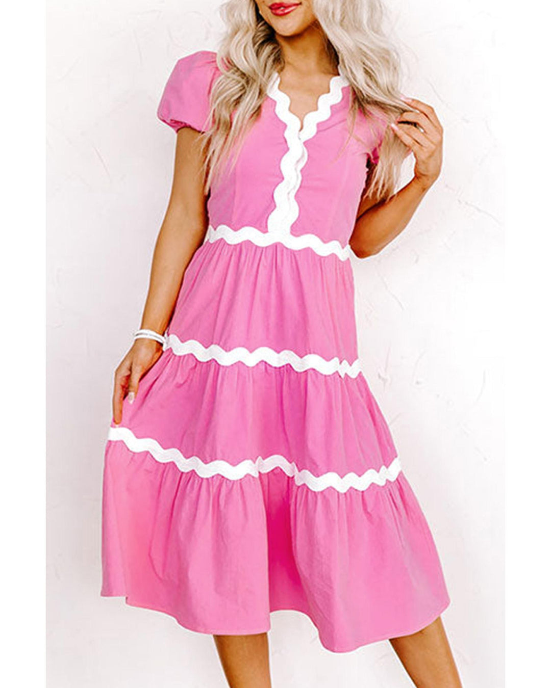 Bonbon Ric Rac Trim Short Puff Sleeve Flowy Midi Dress - XL