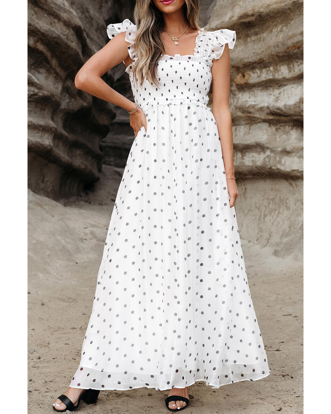 White Polka Dot Flutter Sleeve Square Neck Smocked Maxi Dress - L