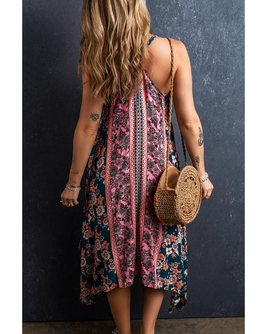 Pink Bohemian Floral Patchwork Print Long Sundress - S