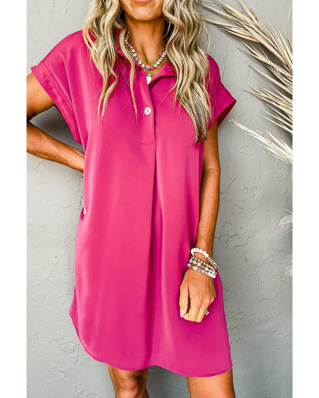Rose Red Buttoned Collar Shift T-shirt Mini Dress - S