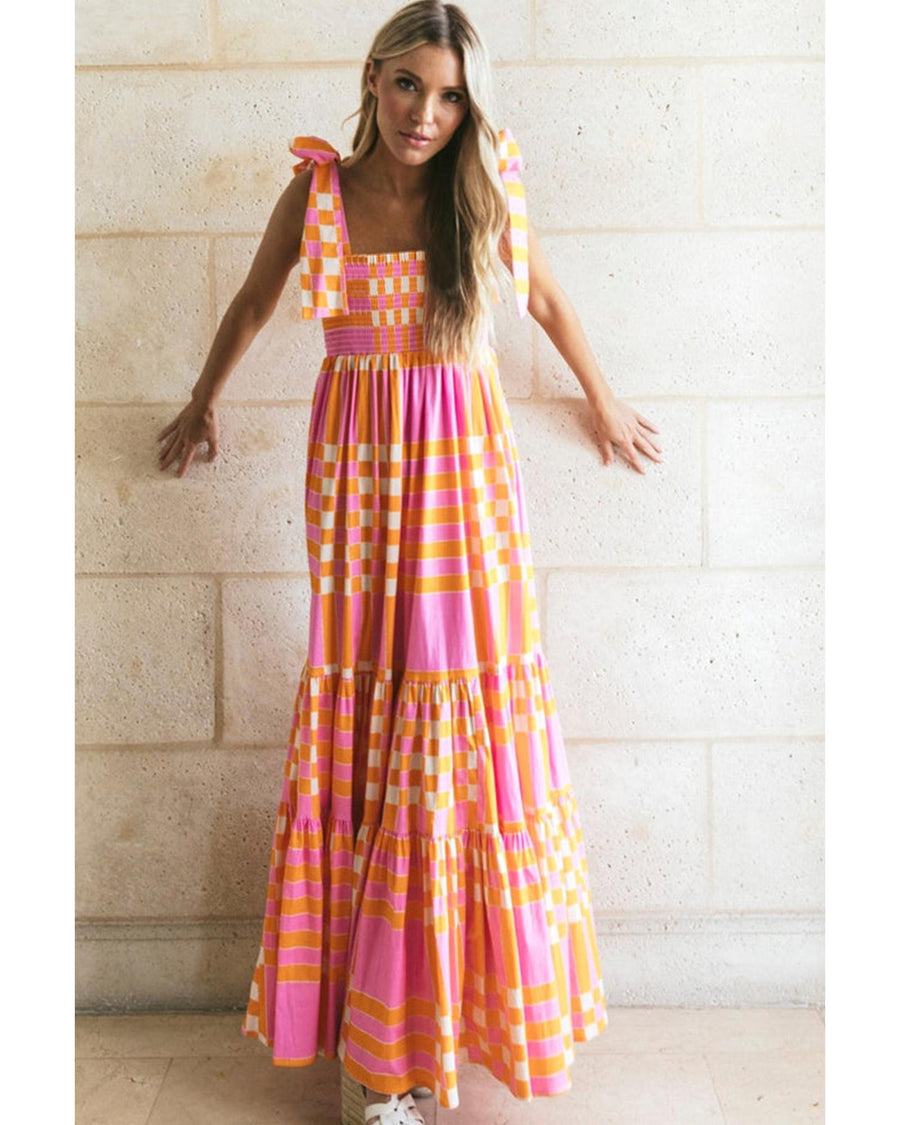 Pink Boho Gingham Tied Straps Smocked Maxi Dress - XL