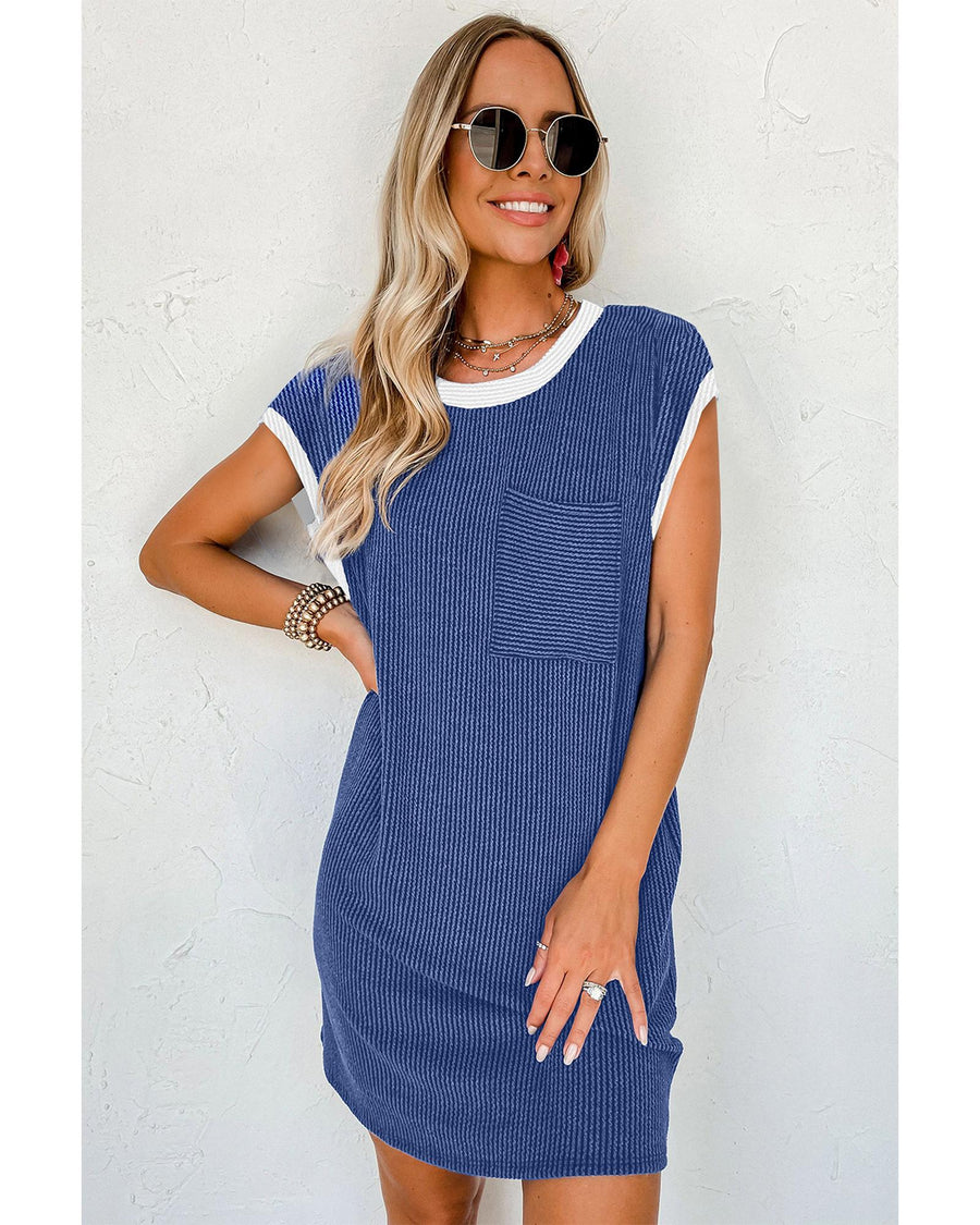Sail Blue Rib Textured Cap Sleeve T-Shirt Dress - XL