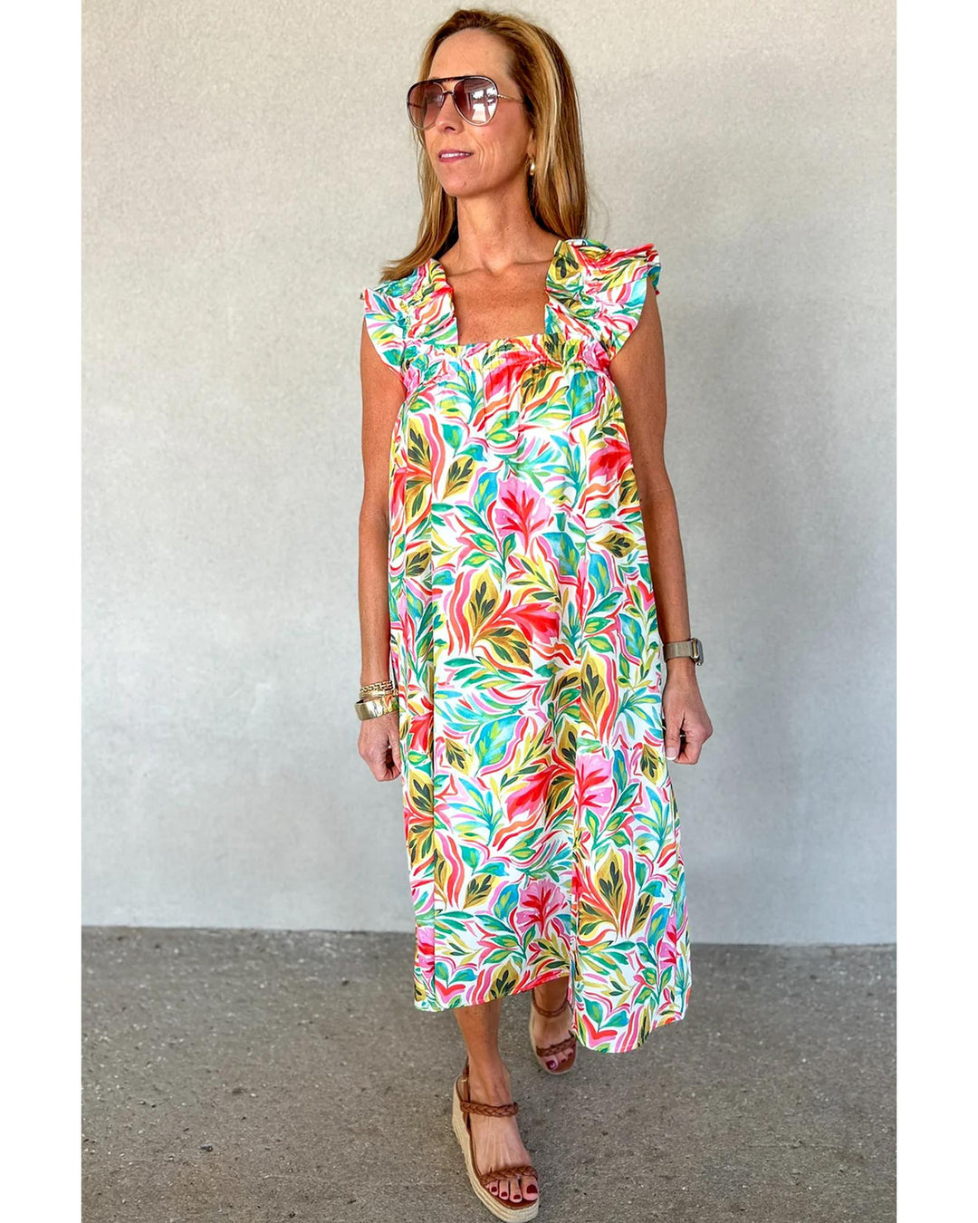 White Floral Print Ruffled Sleeveless Midi Dress - L