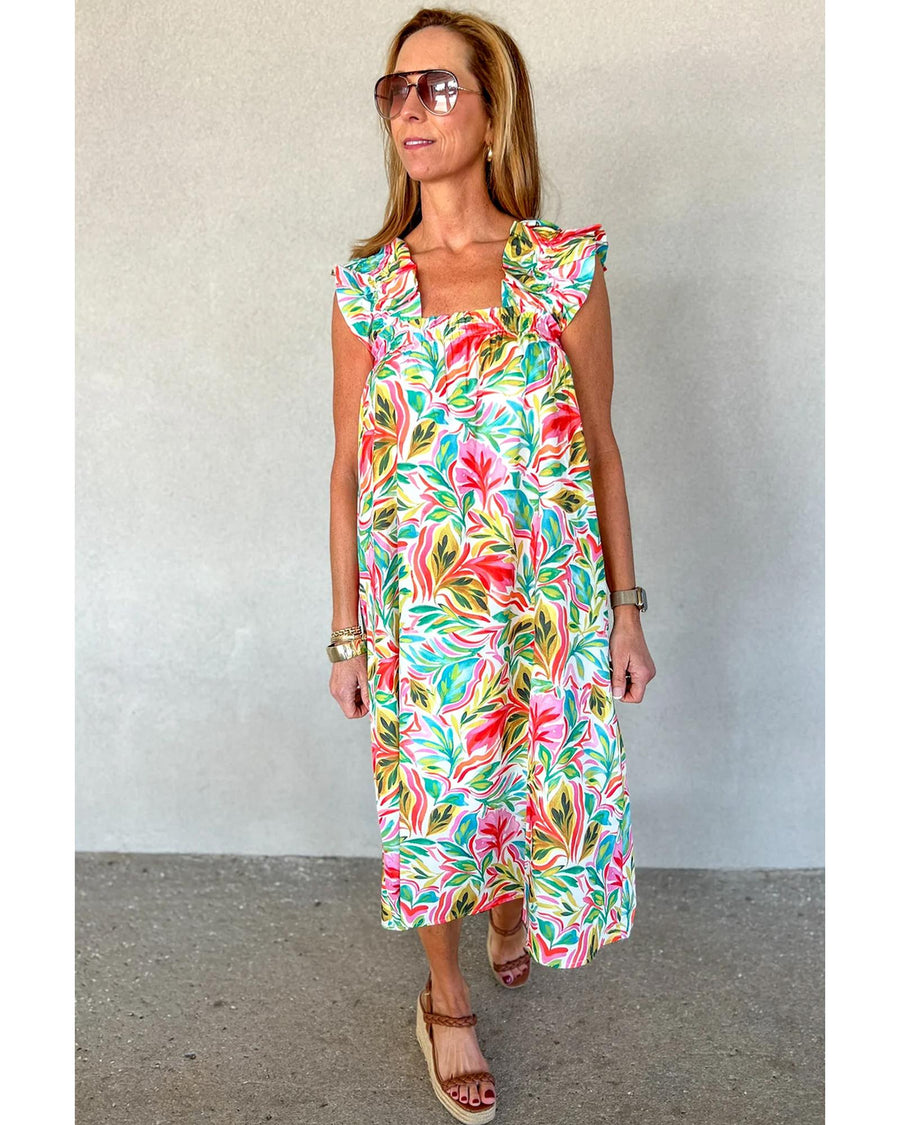 White Floral Print Ruffled Sleeveless Midi Dress - L