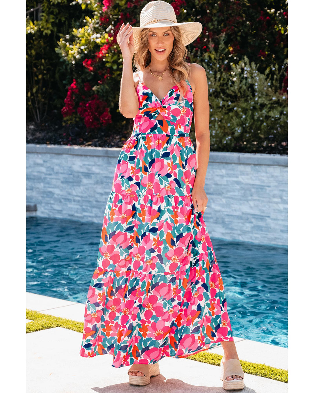 Rose Floral Twisted Smocked Back Tiered Maxi Dress - XL