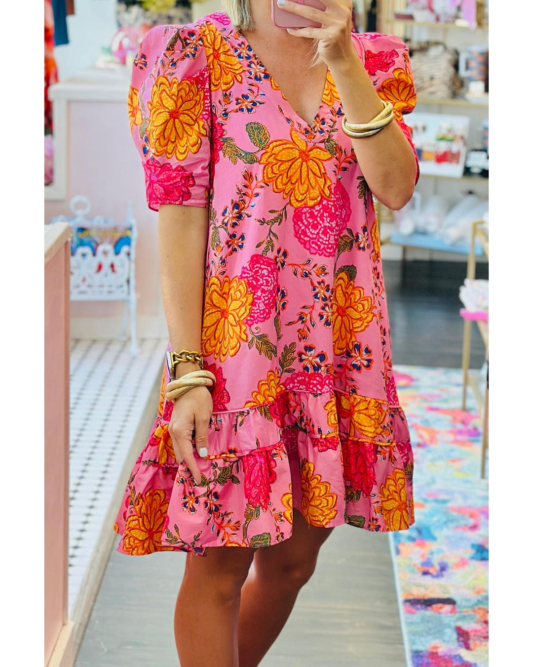 Pink Floral Bubble Sleeve V Neck Ruffled Mini Dress - M