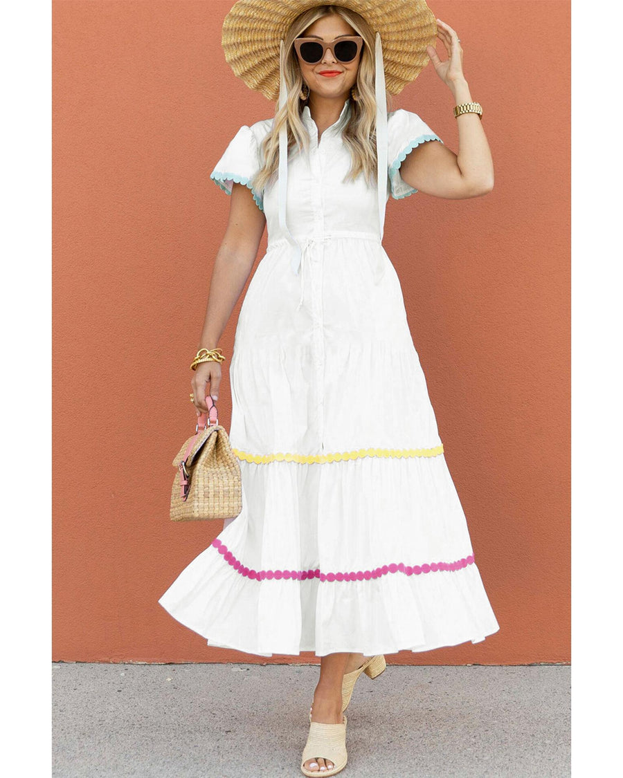 White Colorblock Rickrack Trim Short Sleeve Drawstring Waist Long Dress - L