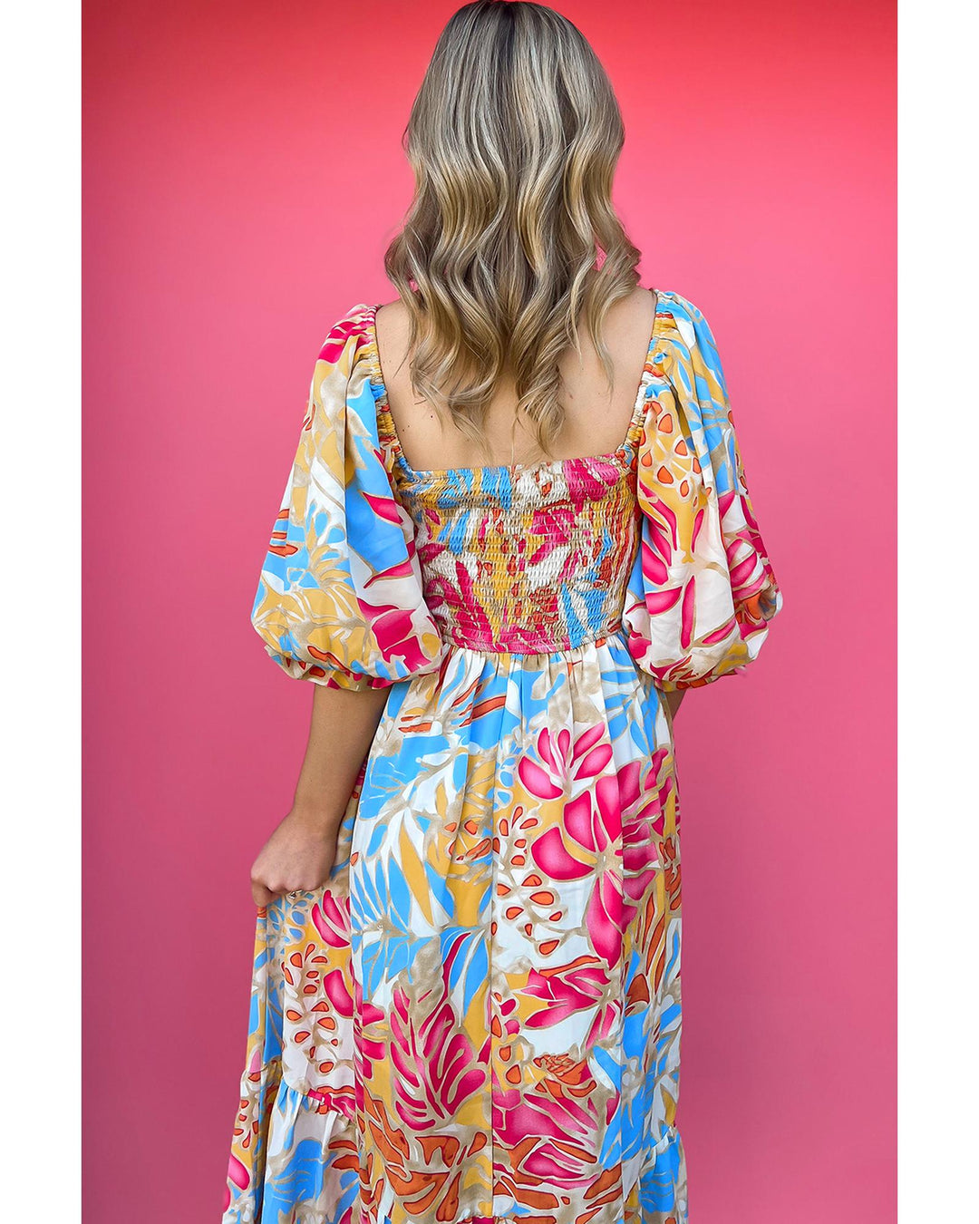 Rose Red Tropical Print Smocked Bodice Puff Sleeve Maxi Dress - M