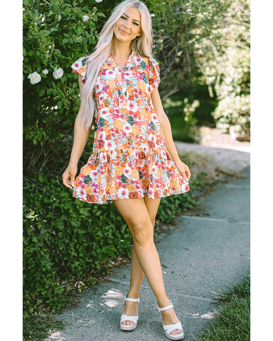 Purple Floral Print Split Neck Flutter Sleeve Dress - M