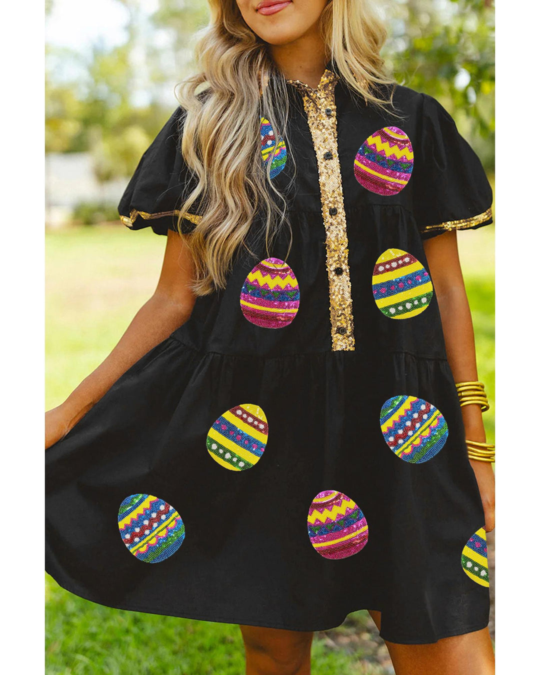 Black Glistening Easter Egg Sequin Trim Half Button Puff Sleeve Dress - M