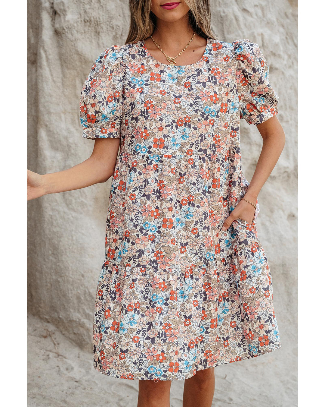 Apricot Bohemian Floral Print Short Puff Sleeve Mini Dress - M