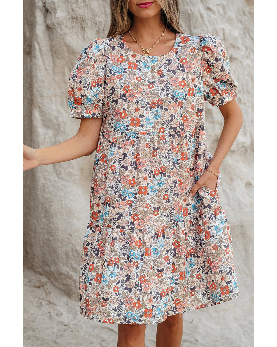 Apricot Bohemian Floral Print Short Puff Sleeve Mini Dress - S