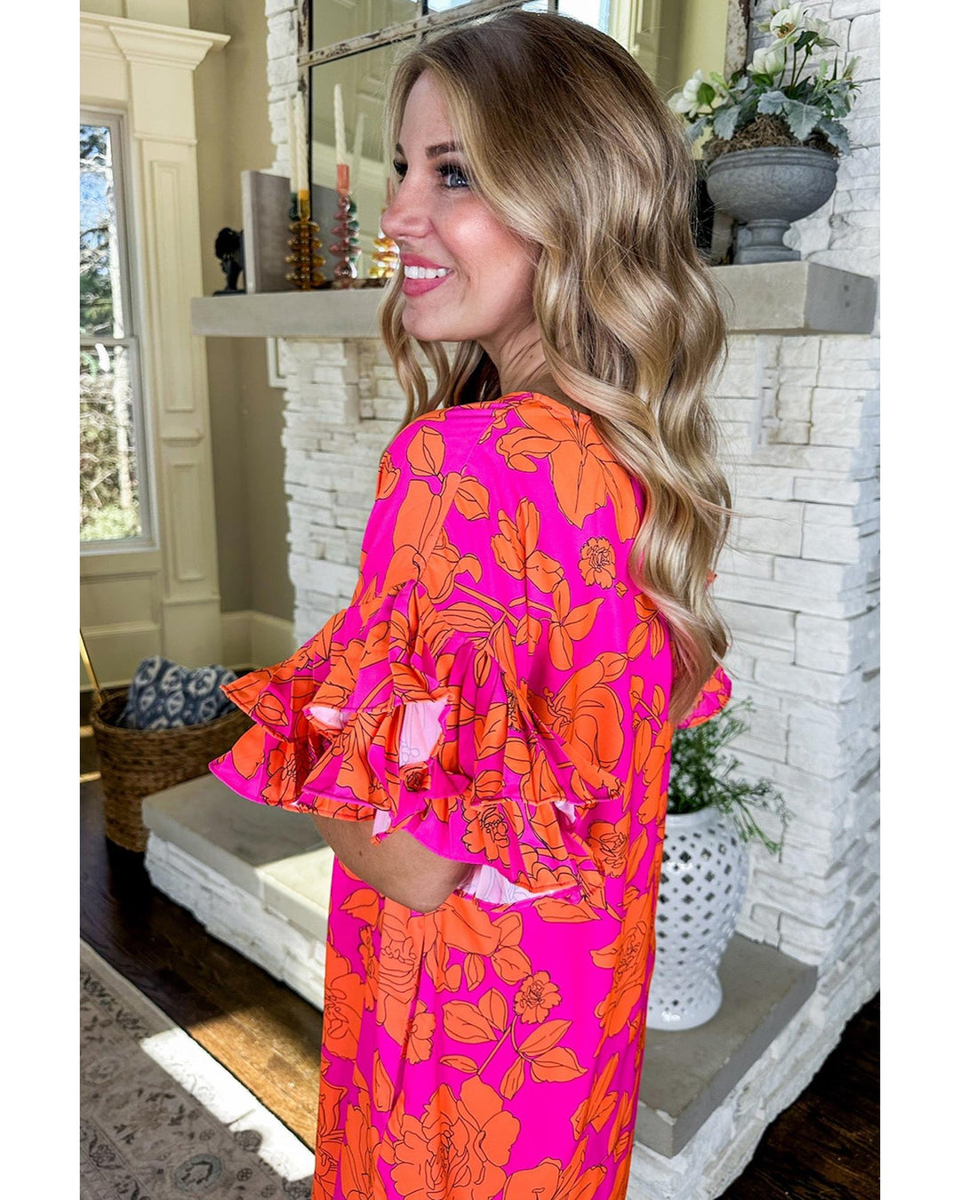 Pink Voluminous Ruffled Sleeve Floral Dress - L