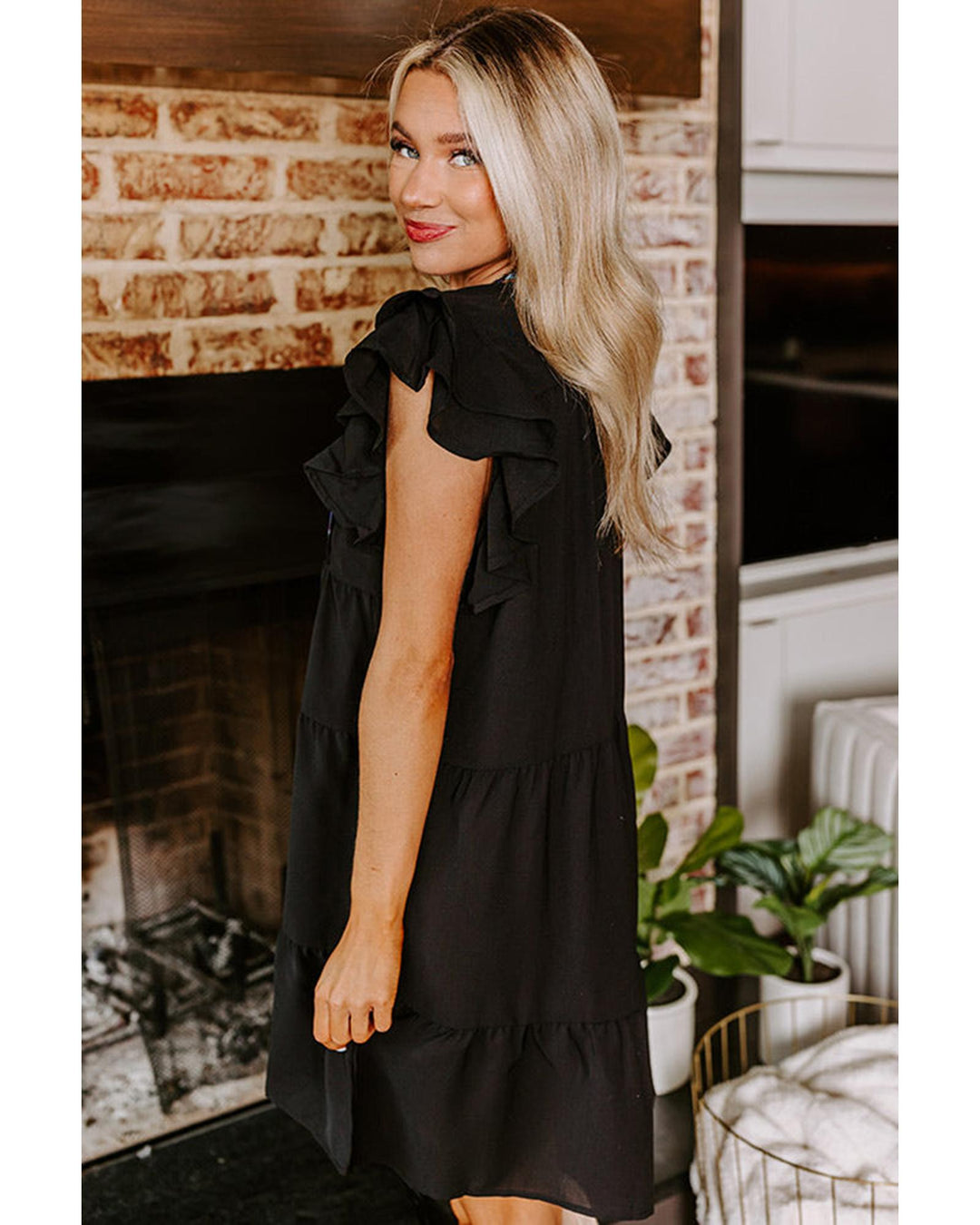 Black Floral Embroidered Tiered Ruffled Mini Dress - M