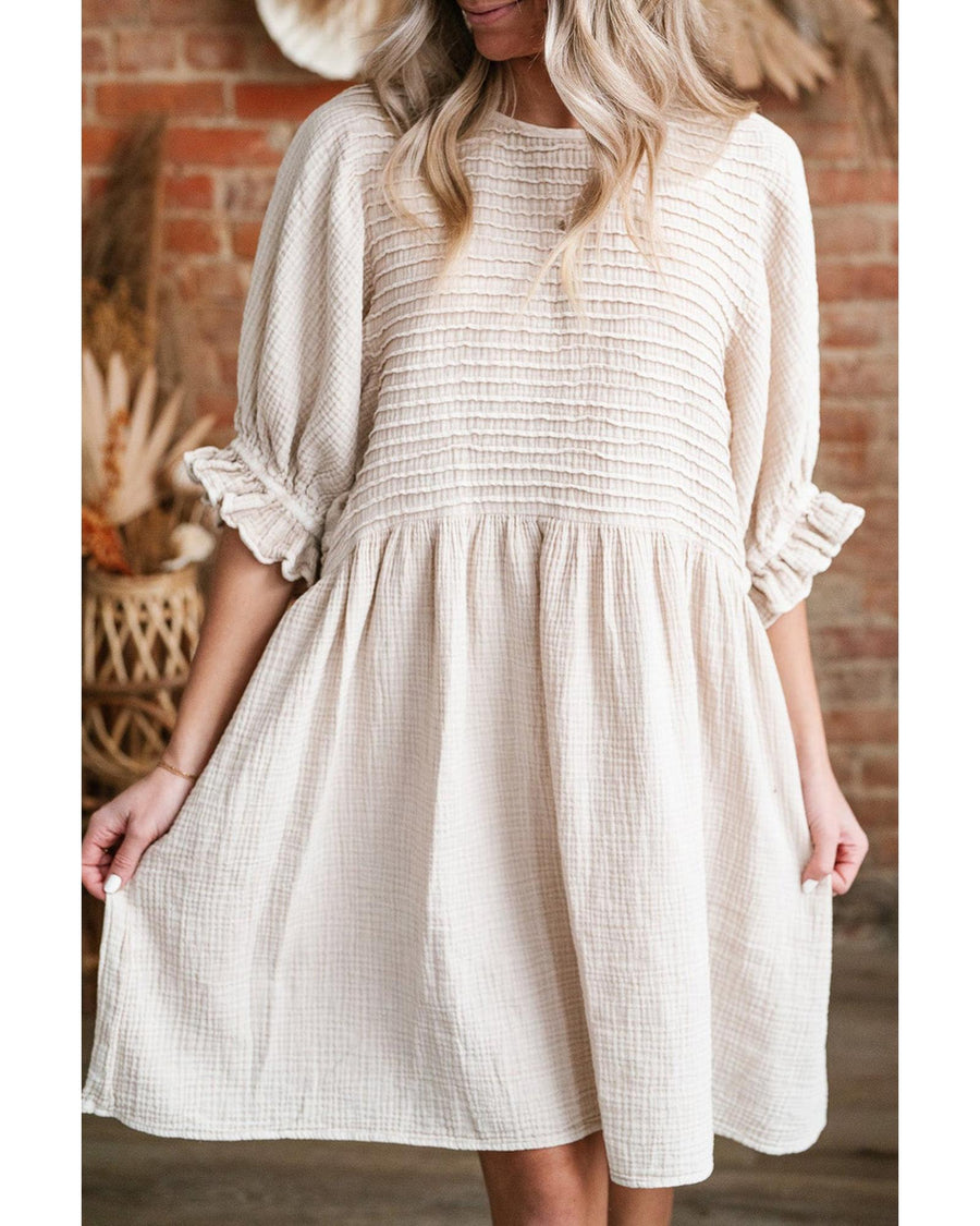 White Textured Ruffled Puff Sleeve Loose Dress - S
