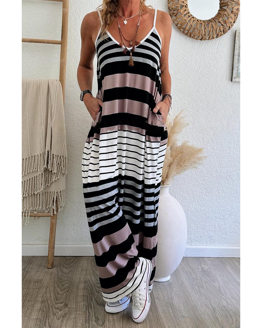 Multicolour Mixed Stripes Spaghetti Straps V Neck Maxi Dress - S