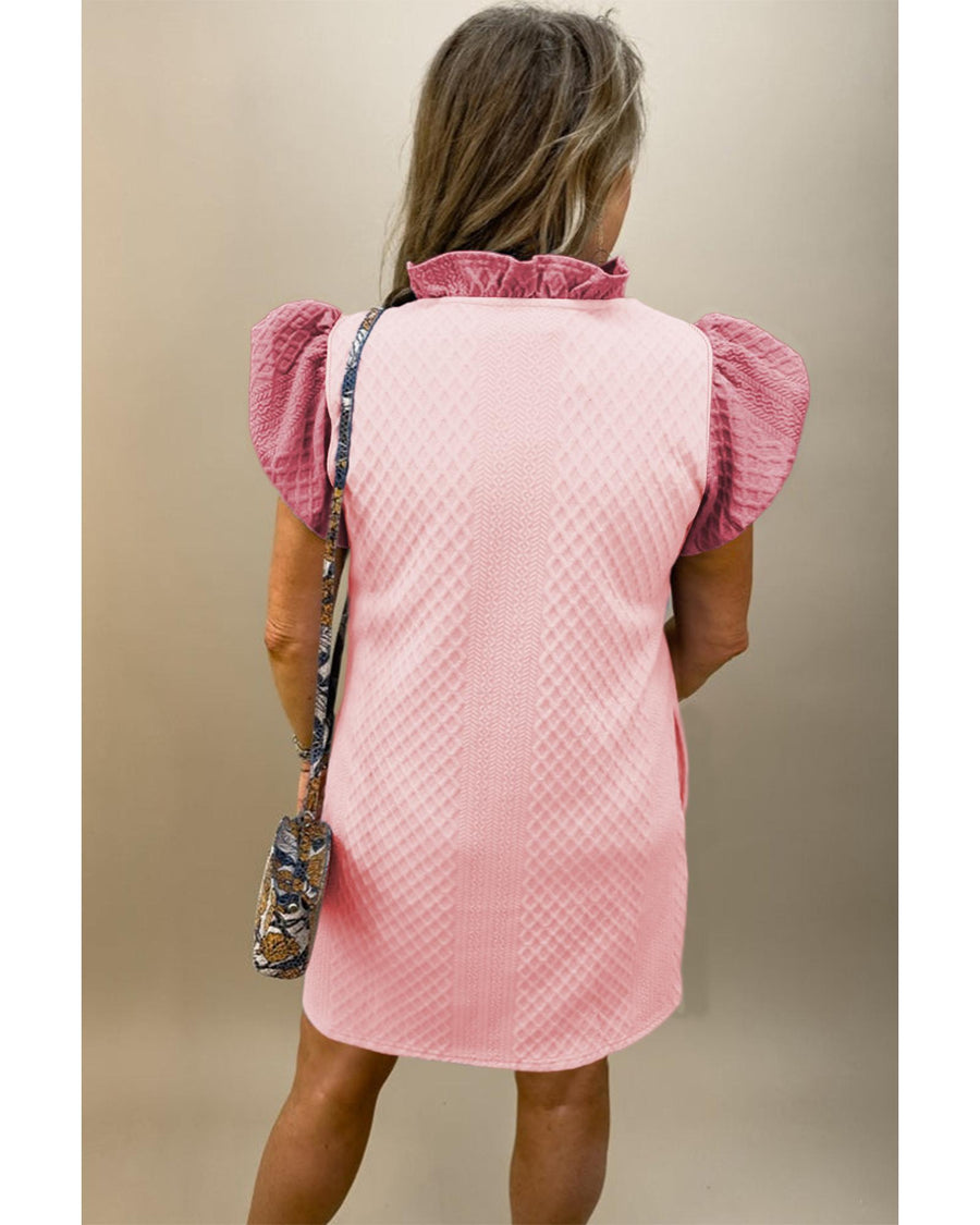Light Pink Textured Puff Sleeve Ruffled V Neck Shift Mini Dress - M