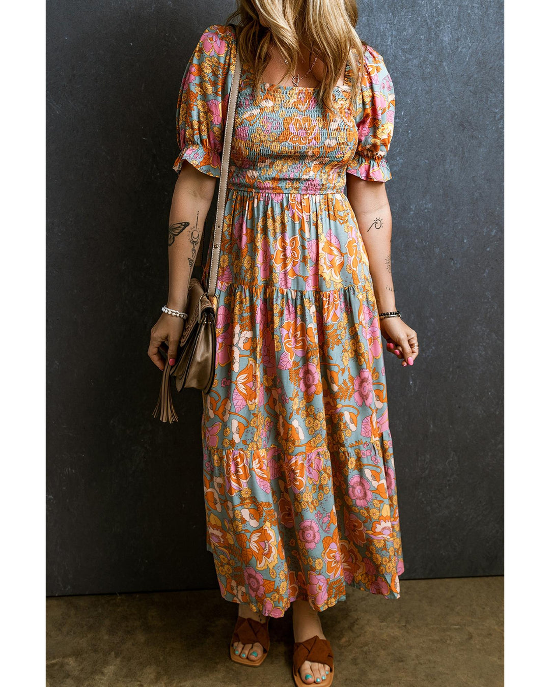 Yellow Smocked Bodice High Waist Puff Sleeve Floral Dress - M