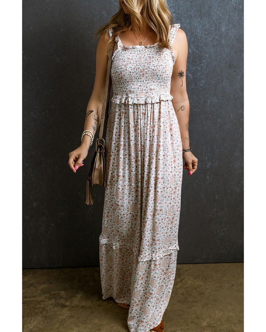 White Lace Frilly Straps Shirred Floral Maxi Dress - L