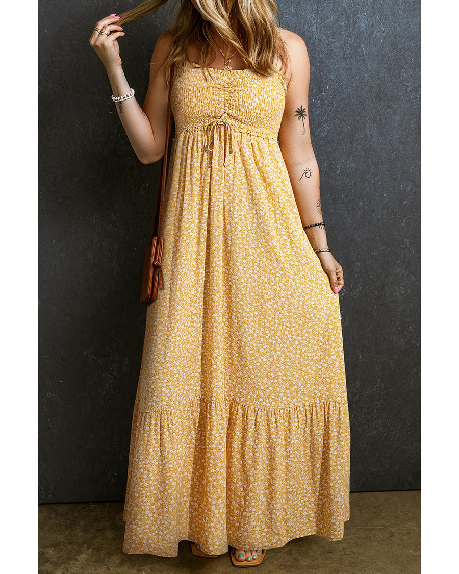 Yellow Frilly Smocked High Waist Floral Maxi Dress - S