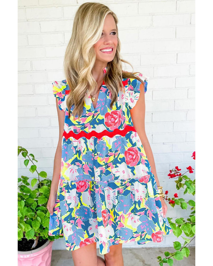 Sky Blue Floral Printed V Notched Ric Rac Flutter Sleeve Dress - M