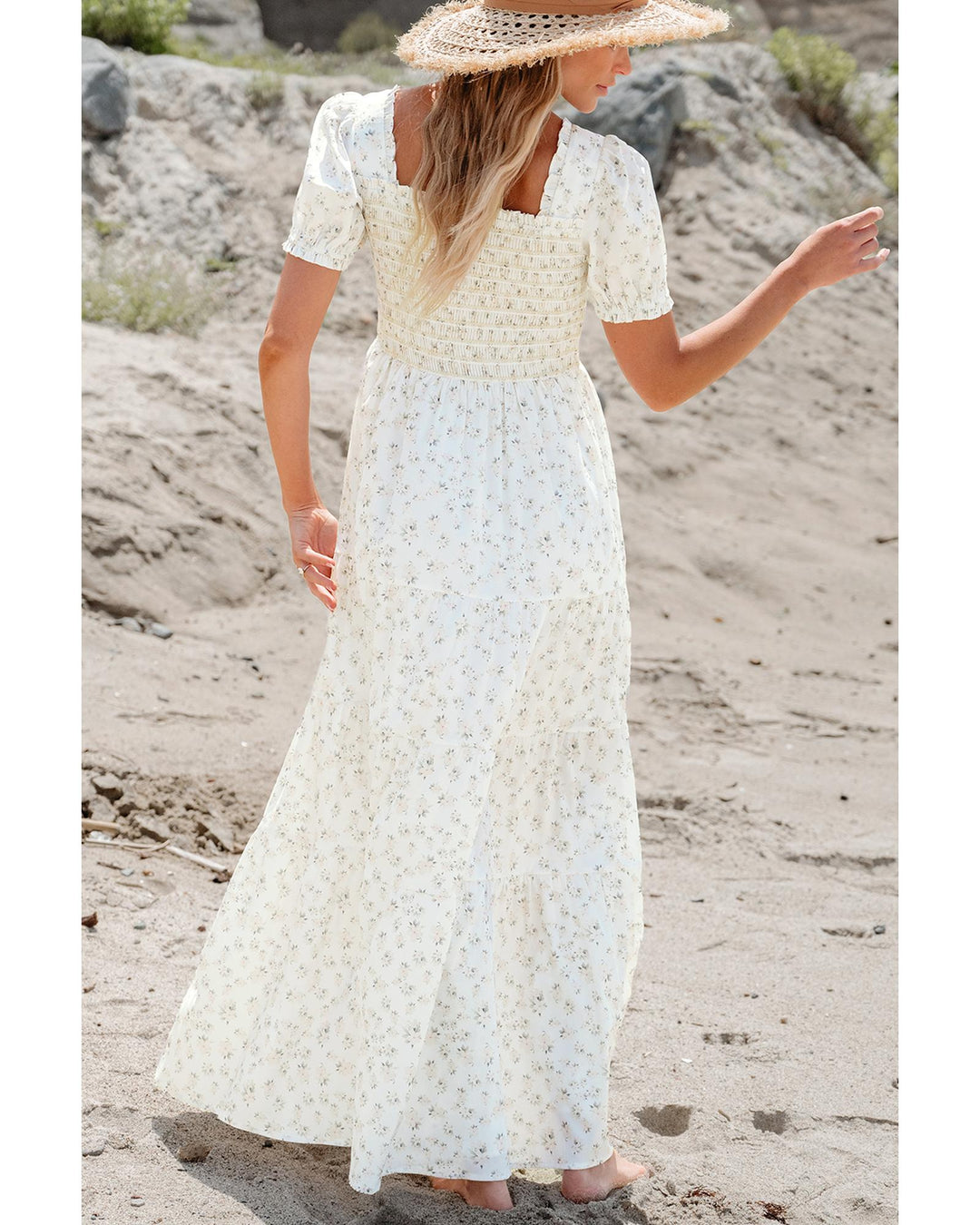 White Frilly Shirred Bodice Tiered Floral Maxi Dress - XL