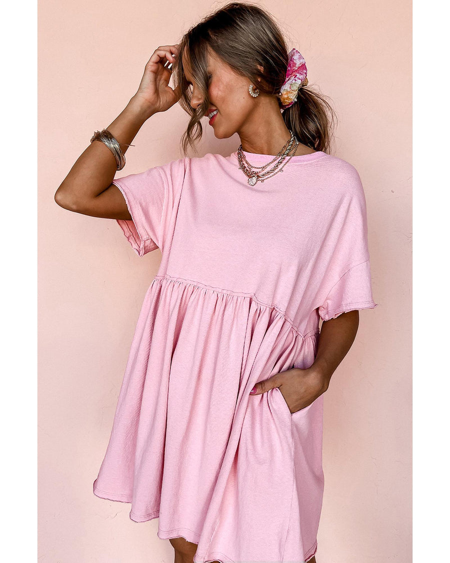 Light Pink Solid Color Pocketed Raw Edge Babydoll Dress - L