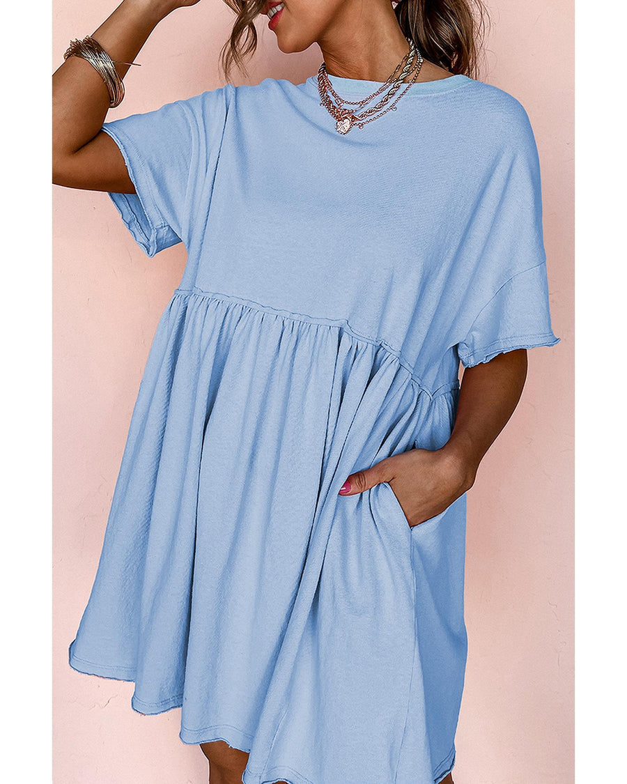 Sky Blue Solid Color Pocketed Raw Edge Babydoll Dress - XL