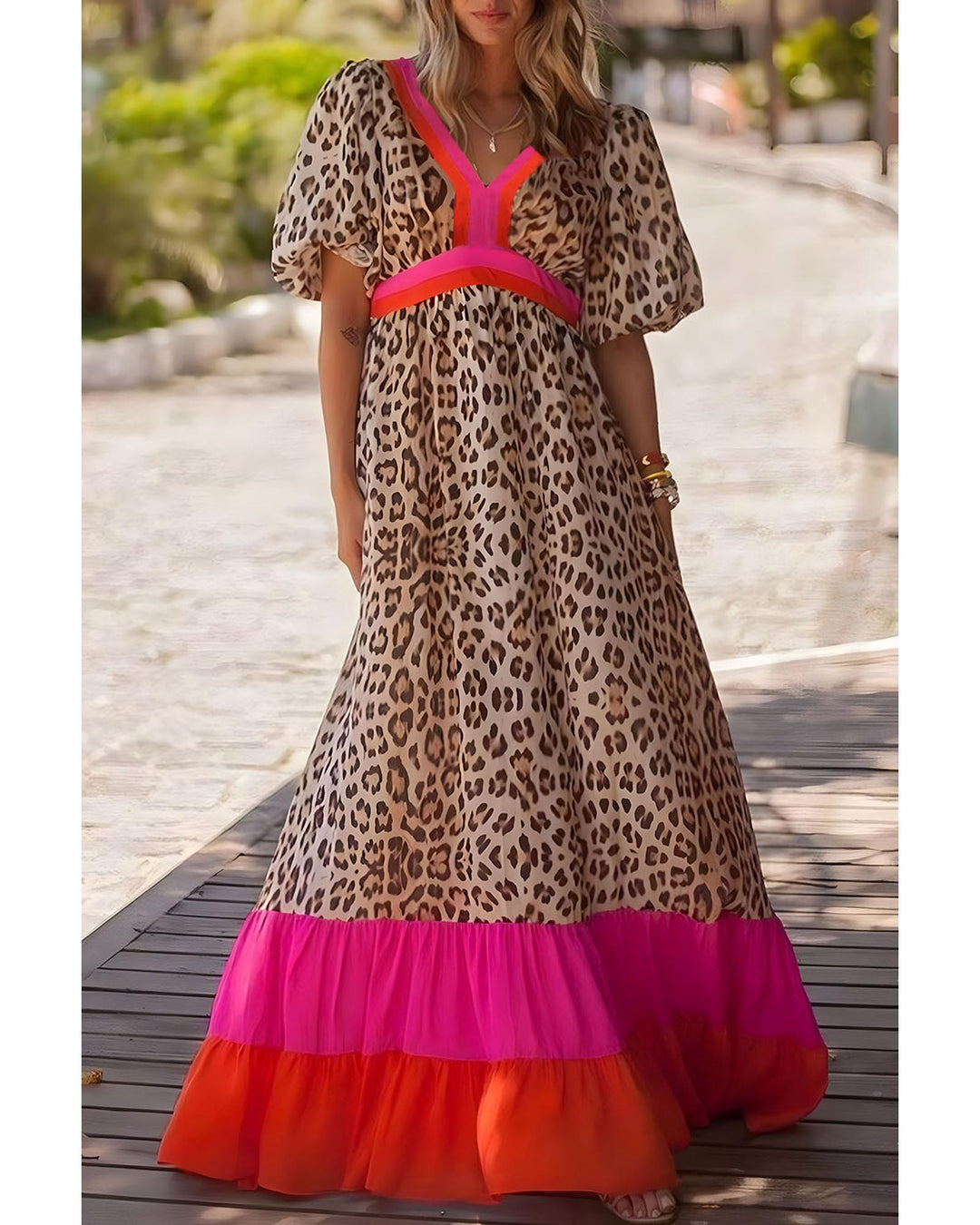 Bright Pink Leopard Colorblock Patchwork Bubble Sleeve Maxi Dress - M