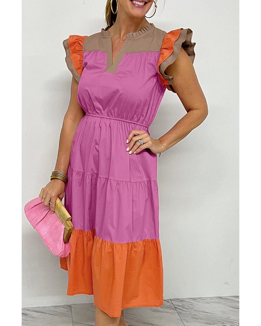 Bonbon Color Block Tiered Notched Neck Ruffle Sleeve Dress - L