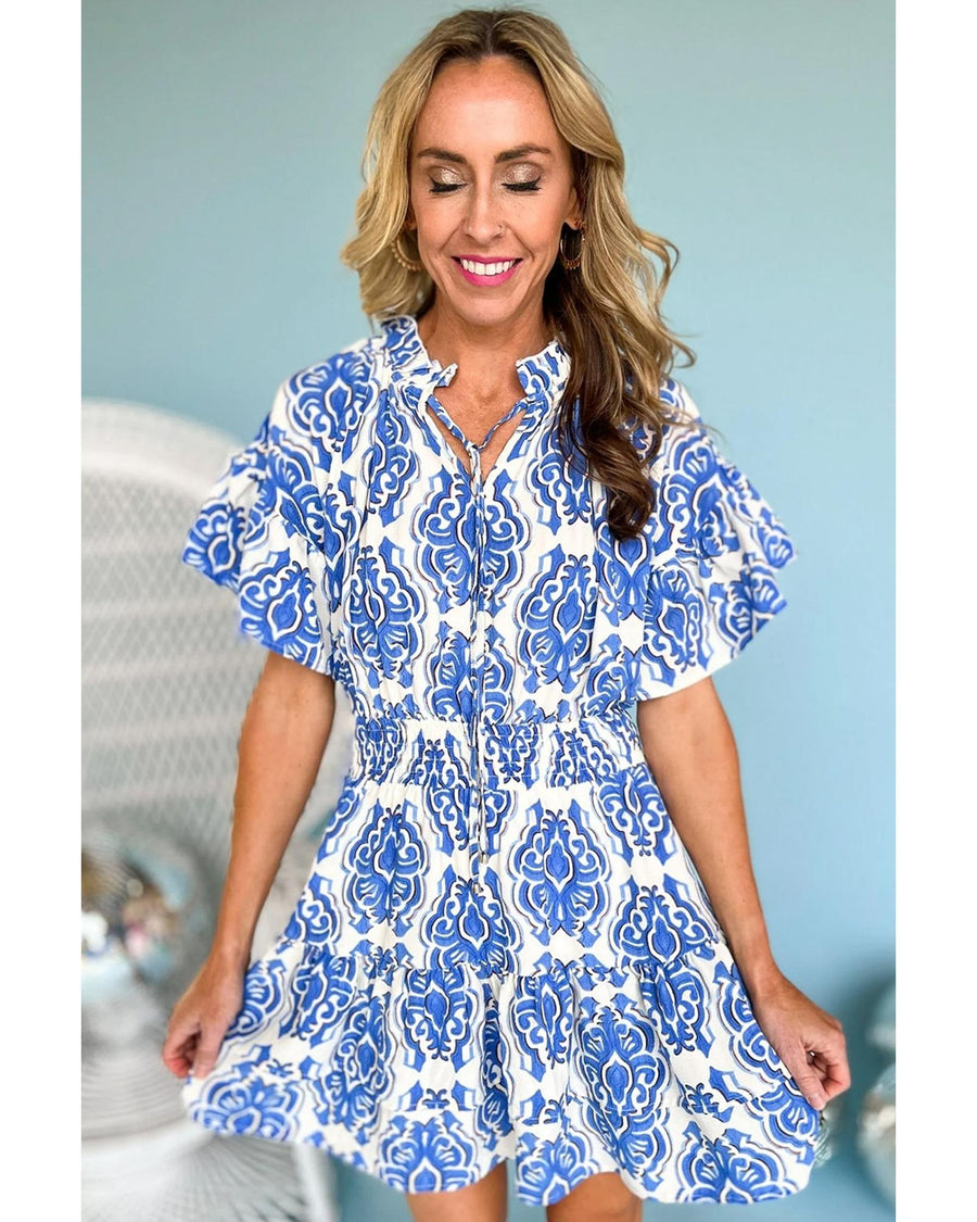 Ashleigh Blue Vintage Floral Print Wide Ruffled Sleeve Dress - L