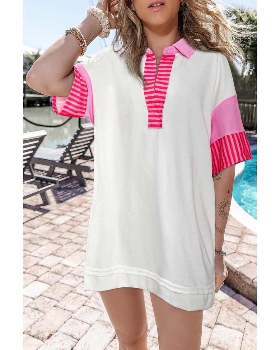White Stripe Colorblock Patchwork Short Sleeve T Shirt Dress - S