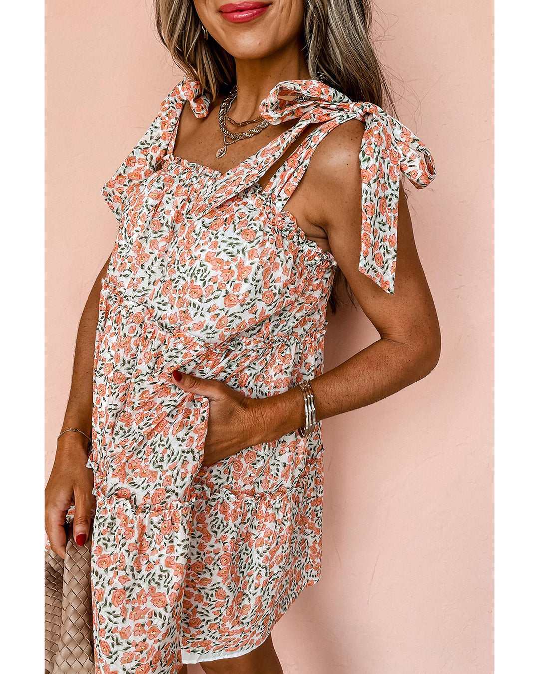 Orange Rose Floral Knotted Straps Tiered Babydoll Dress - L