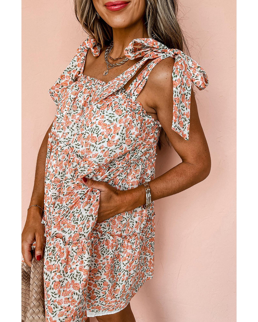 Orange Rose Floral Knotted Straps Tiered Babydoll Dress - L