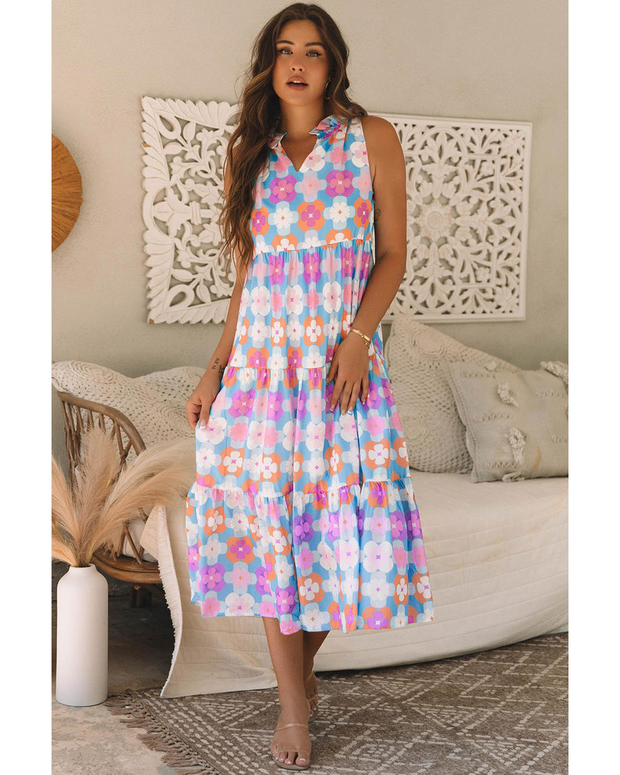 Sky Blue Floral Print Frilly Neck Sleeveless Tiered Maxi Dress - XL
