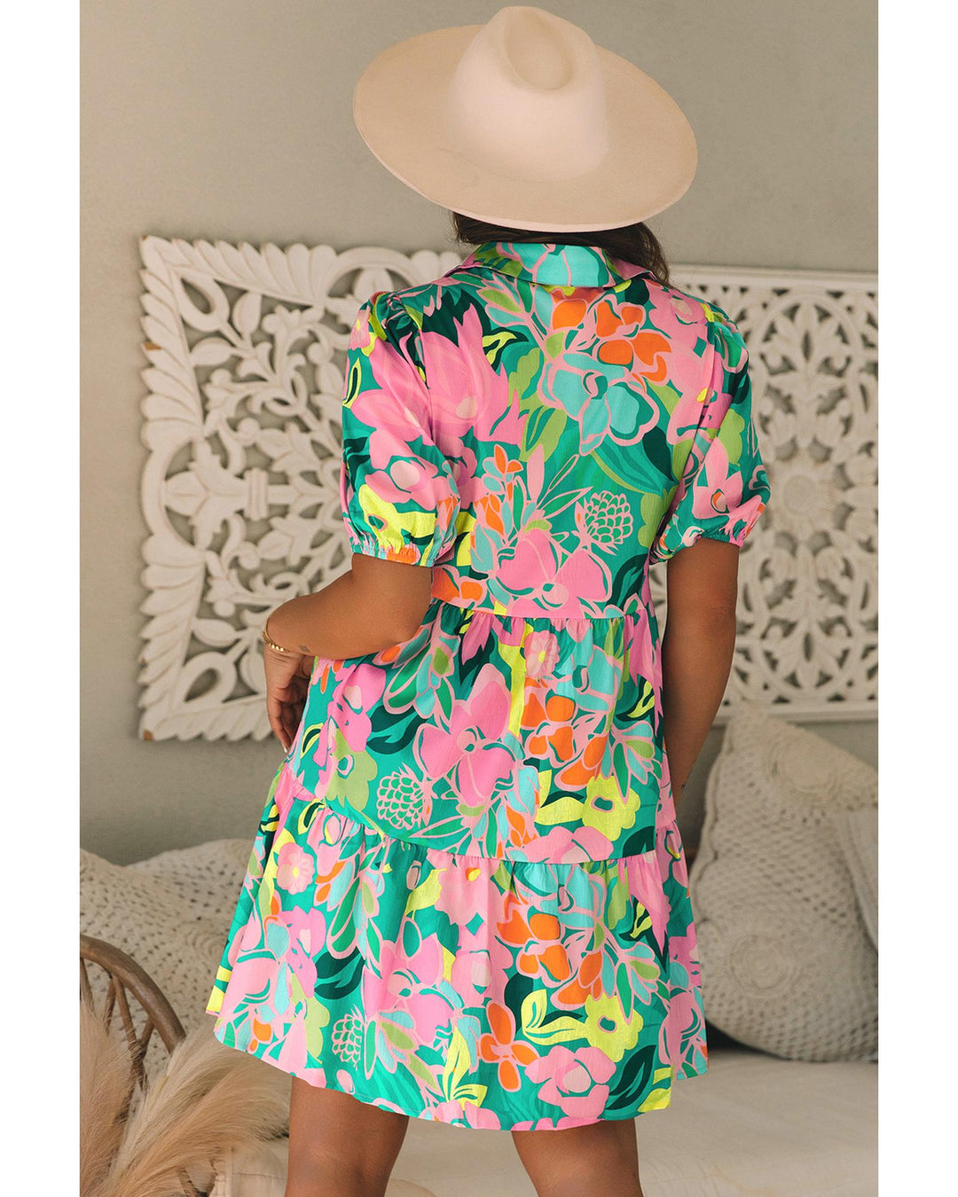 Green Floral Puff Sleeve Collar Buttoned Babydoll Dress - L