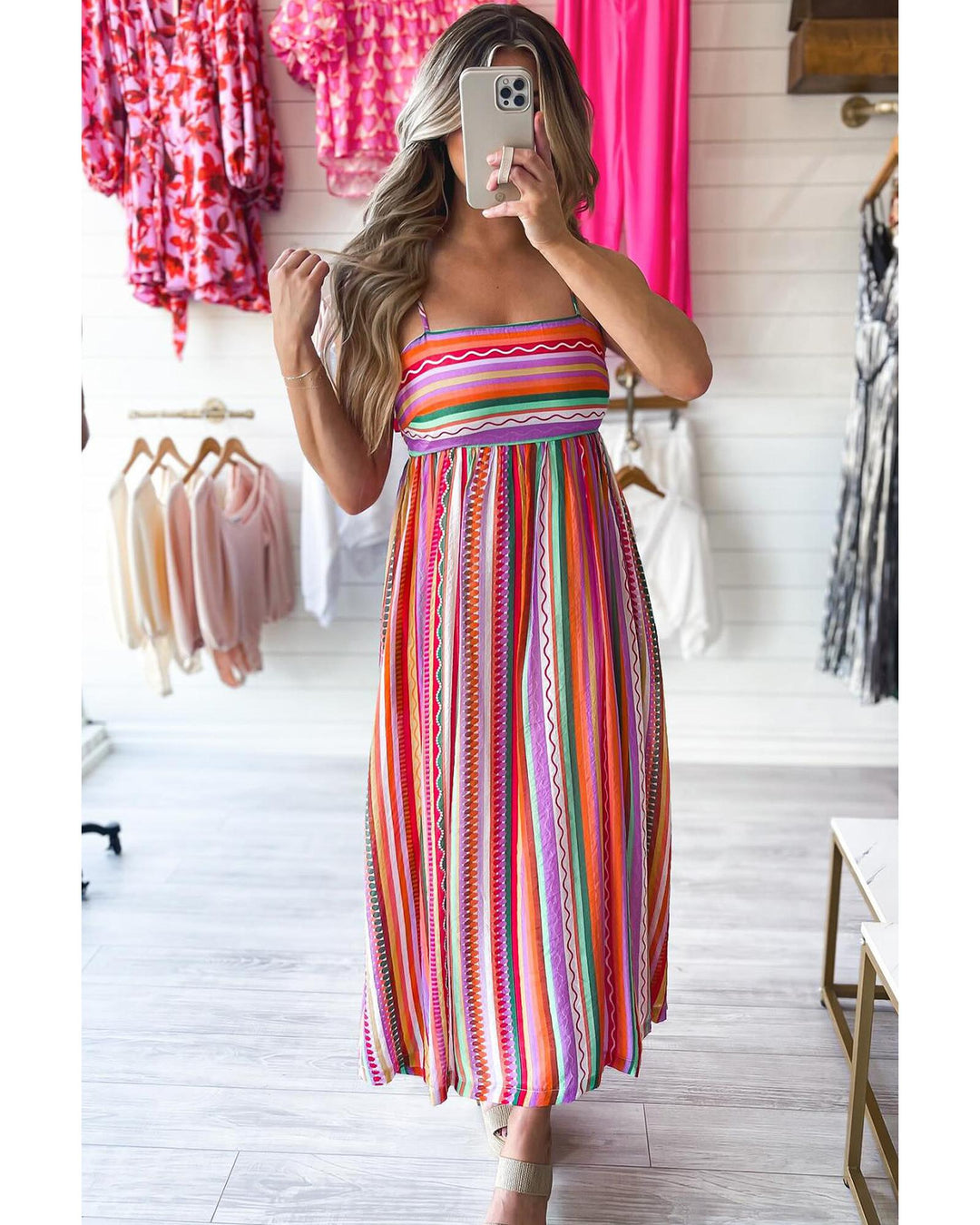 Multicolour Striped Thin Straps Smocked Back Boho Maxi Dress - XL
