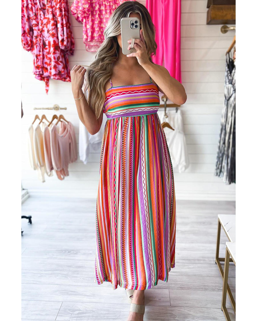 Multicolour Striped Thin Straps Smocked Back Boho Maxi Dress - XL