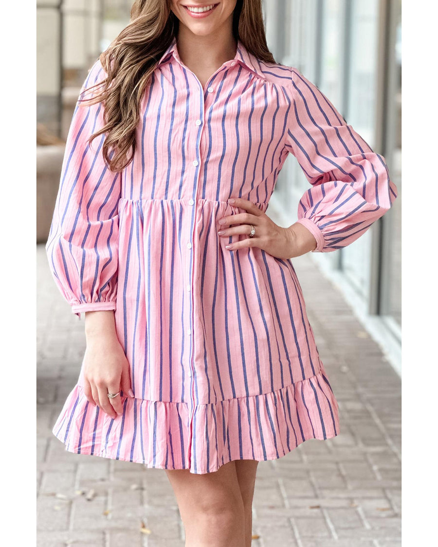Pink Stripe Ruffled Hem Button-up Collared Shirt Mini Dress - XL