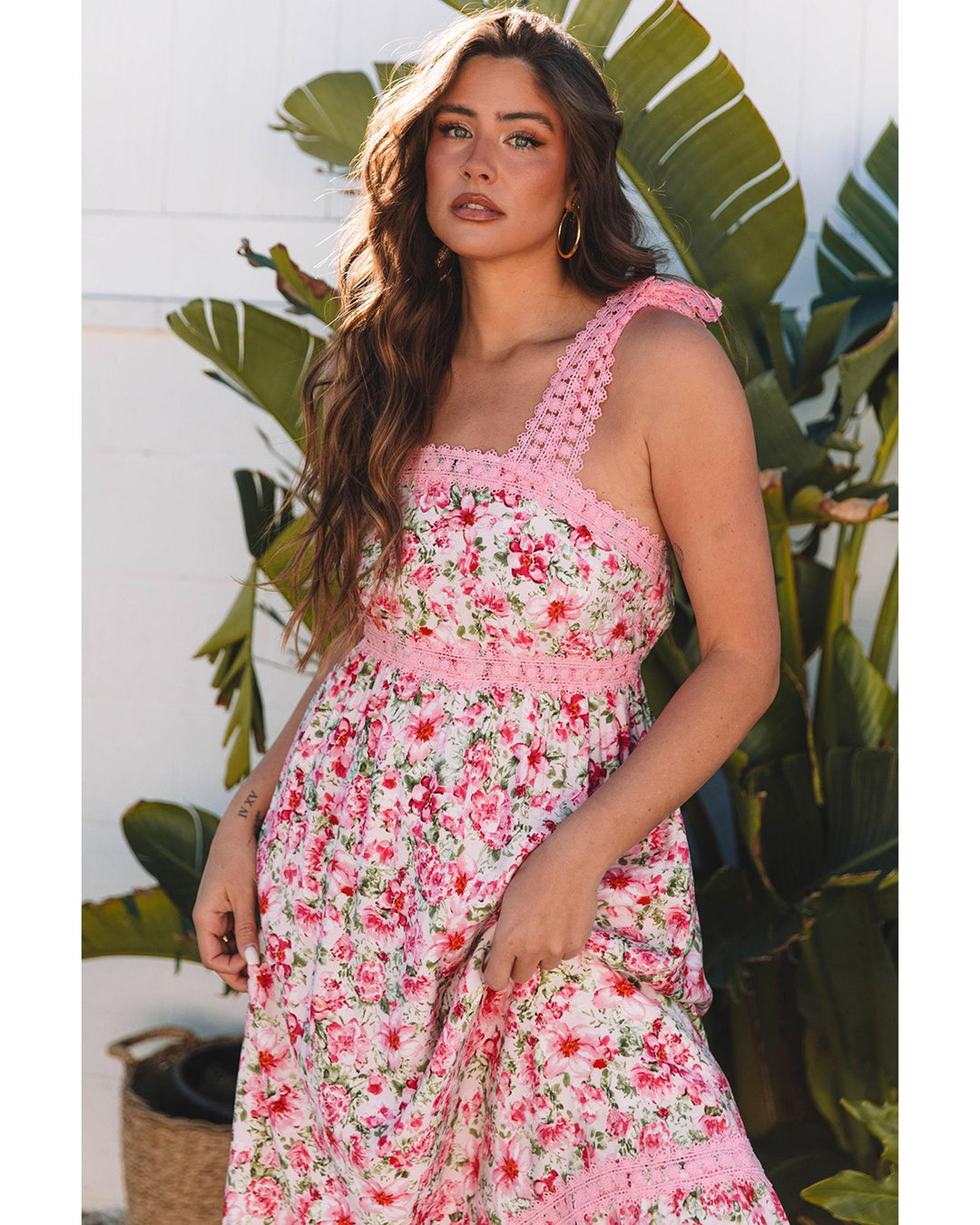 Pink Floral Lace Tied Strap Empire Waist Maxi Dress - XL