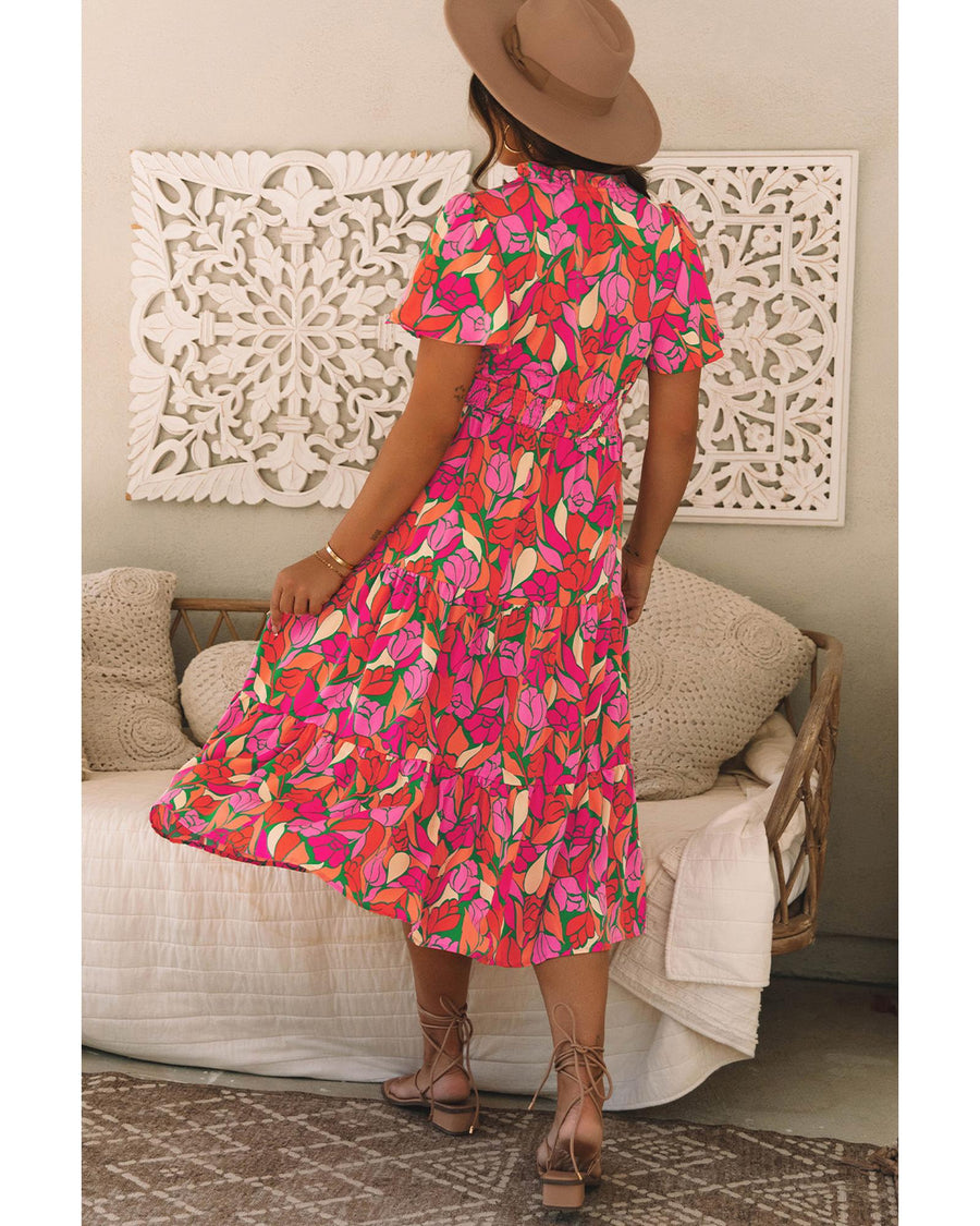 Rose Floral Short Sleeve Smocked Waist Maxi dress - S