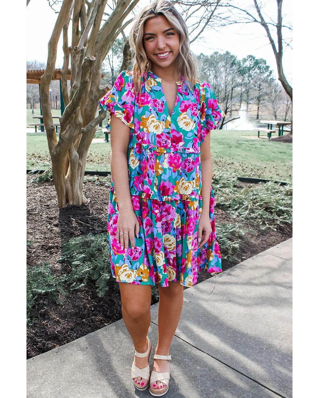 Green Rose Floral Print Ruffled Short Dress - M