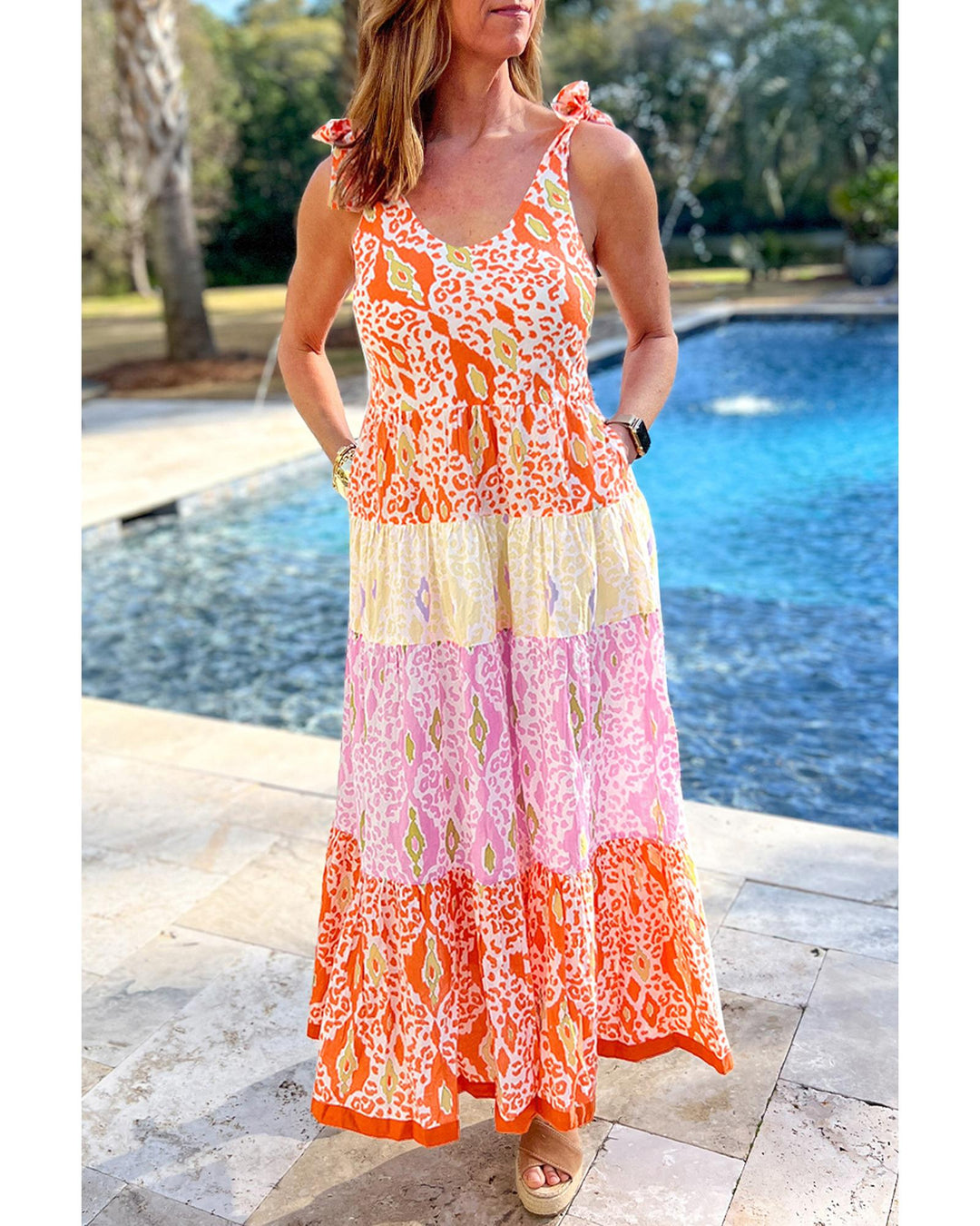 Orange Knotted Straps Leopard Colorblock Dress - L