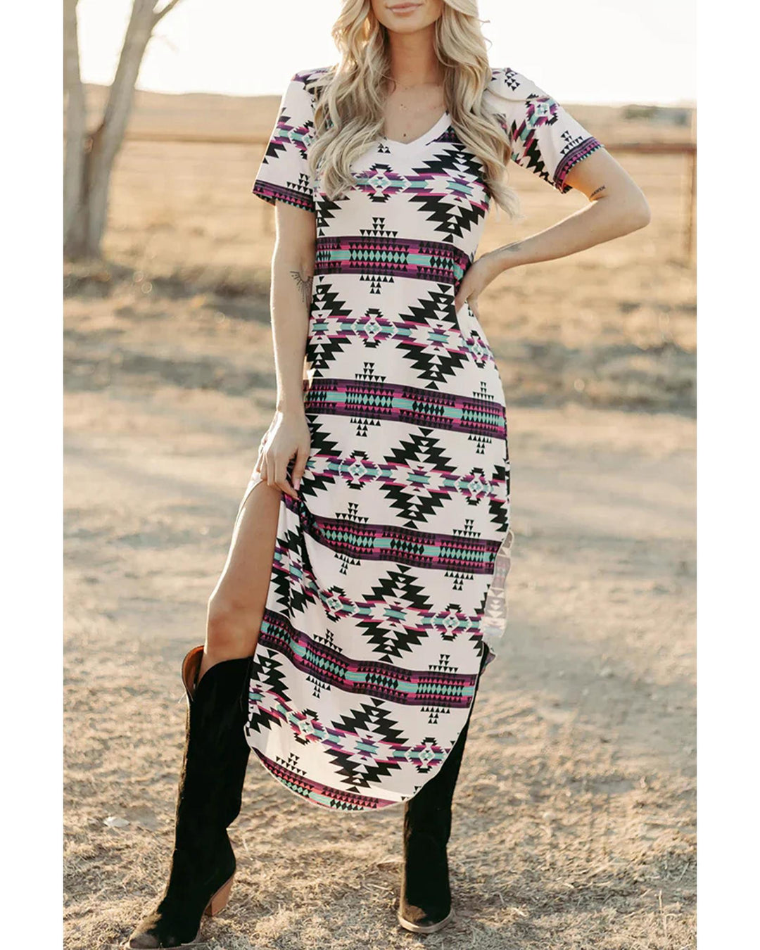 Beige Western Aztec Printed Long T-shirt Dress - S