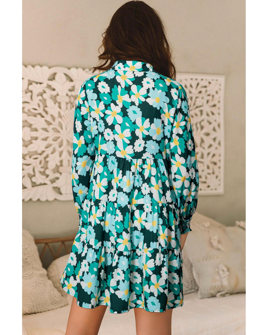 Green Floral Tiered Long Puff Sleeve Shirt Dress - XL