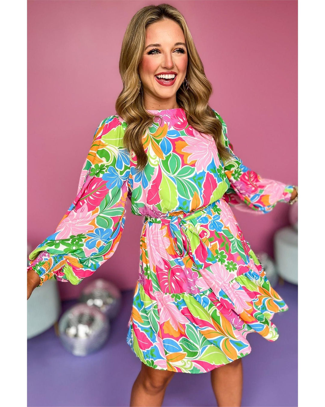 Green Multicolor Botanical Bubble Sleeve Mini Dress - S