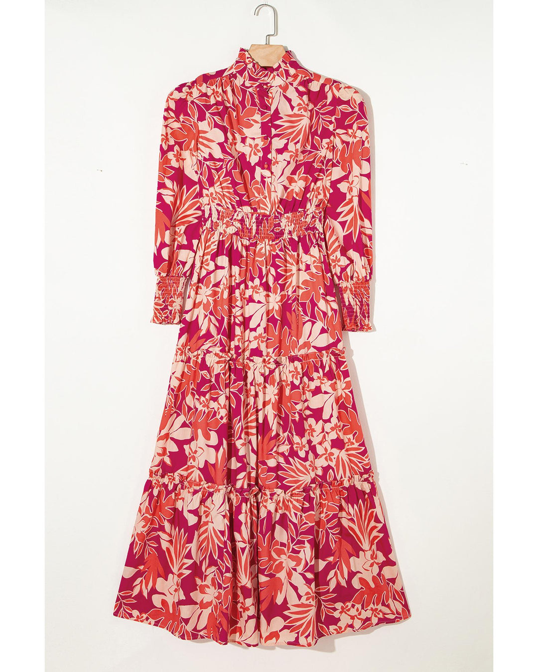 Rose Floral Print Buttoned Smocked High Waist Maxi Dress - L