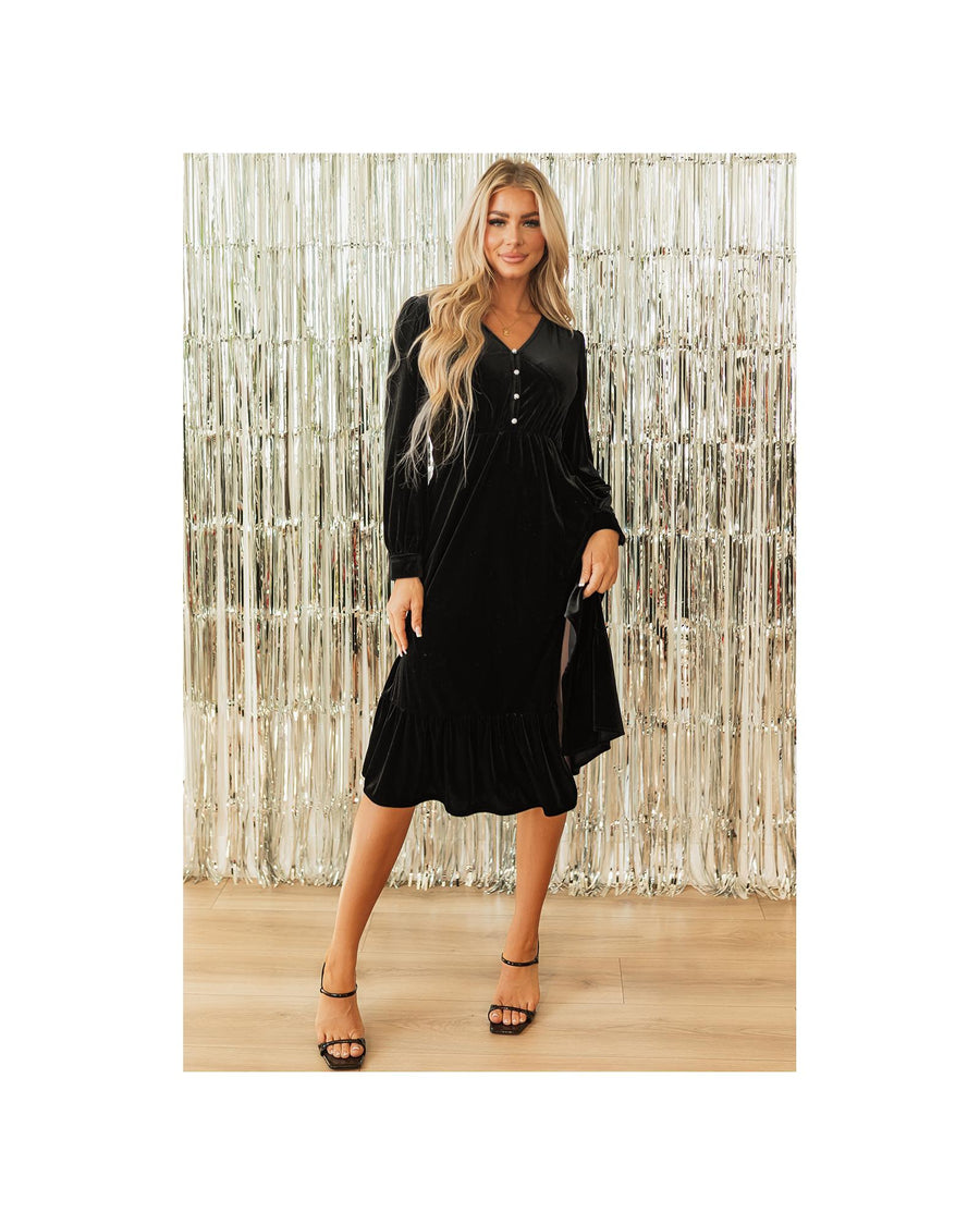 Black Velvet Buttoned Puff Sleeve V Neck Split Midi Dress - XL