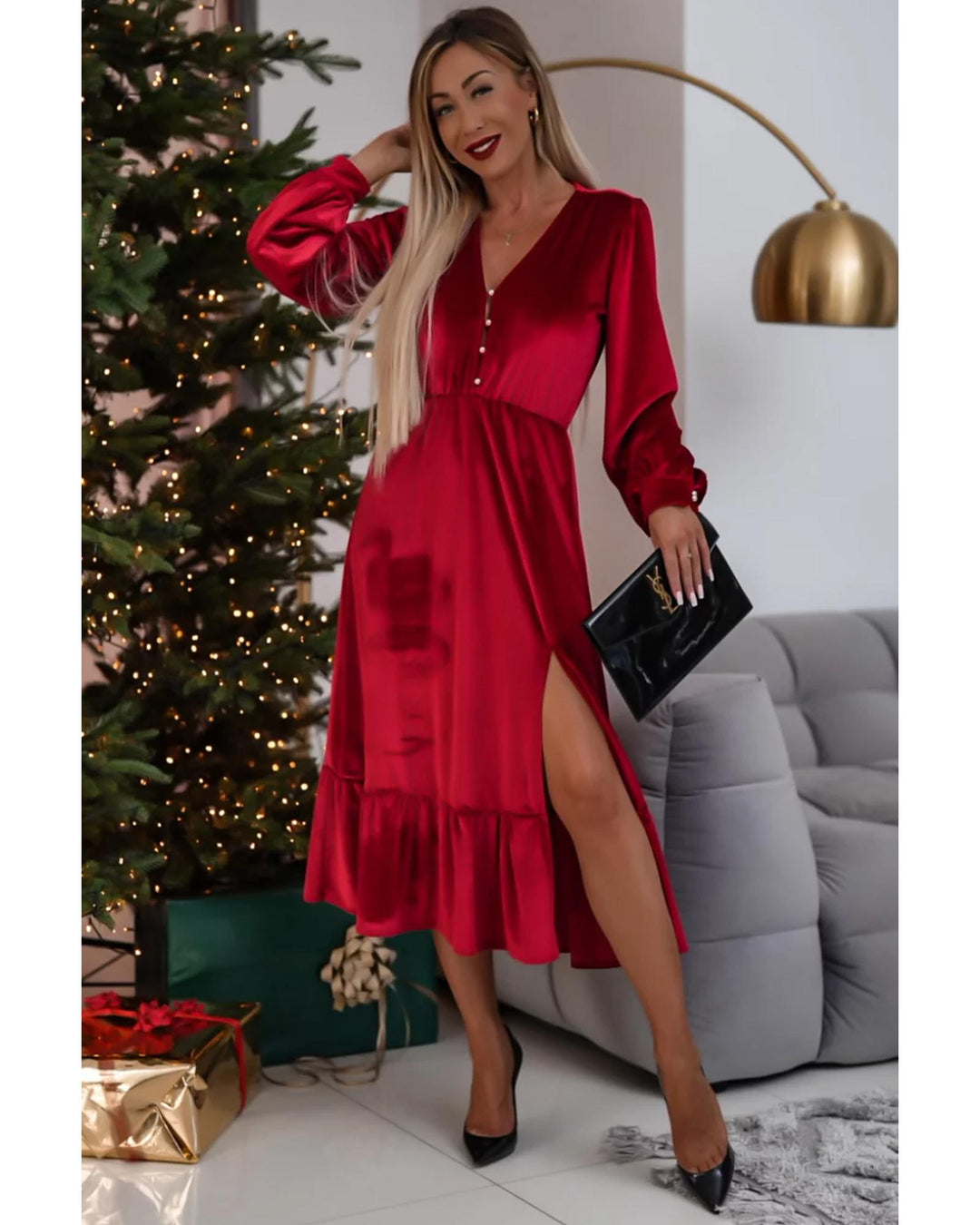 Racing Red Velvet Buttoned Puff Sleeve V Neck Split Midi Dress - XL